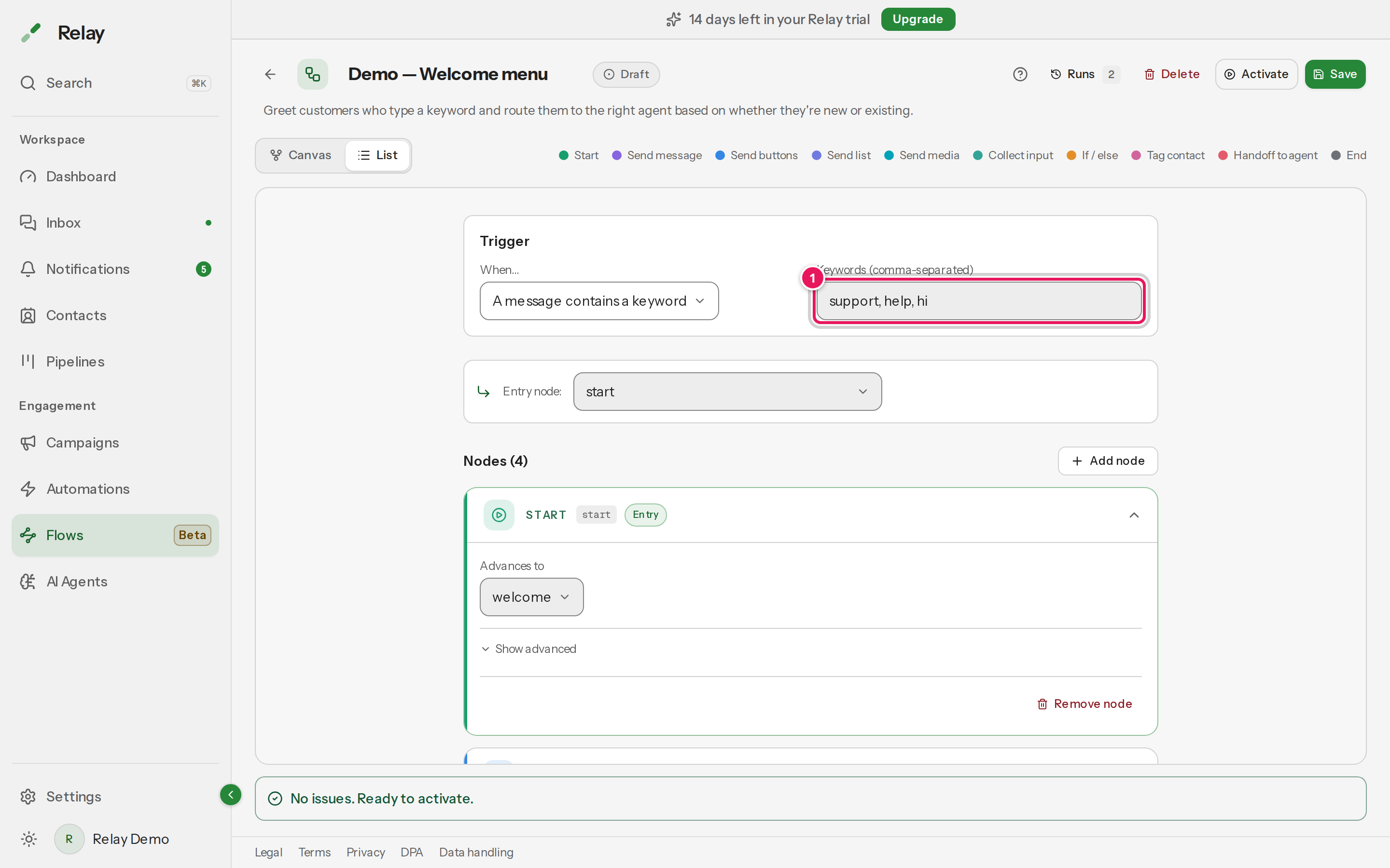 The flow trigger panel in List view, set to a keyword trigger with the keywords field 'support, help, hi' highlighted