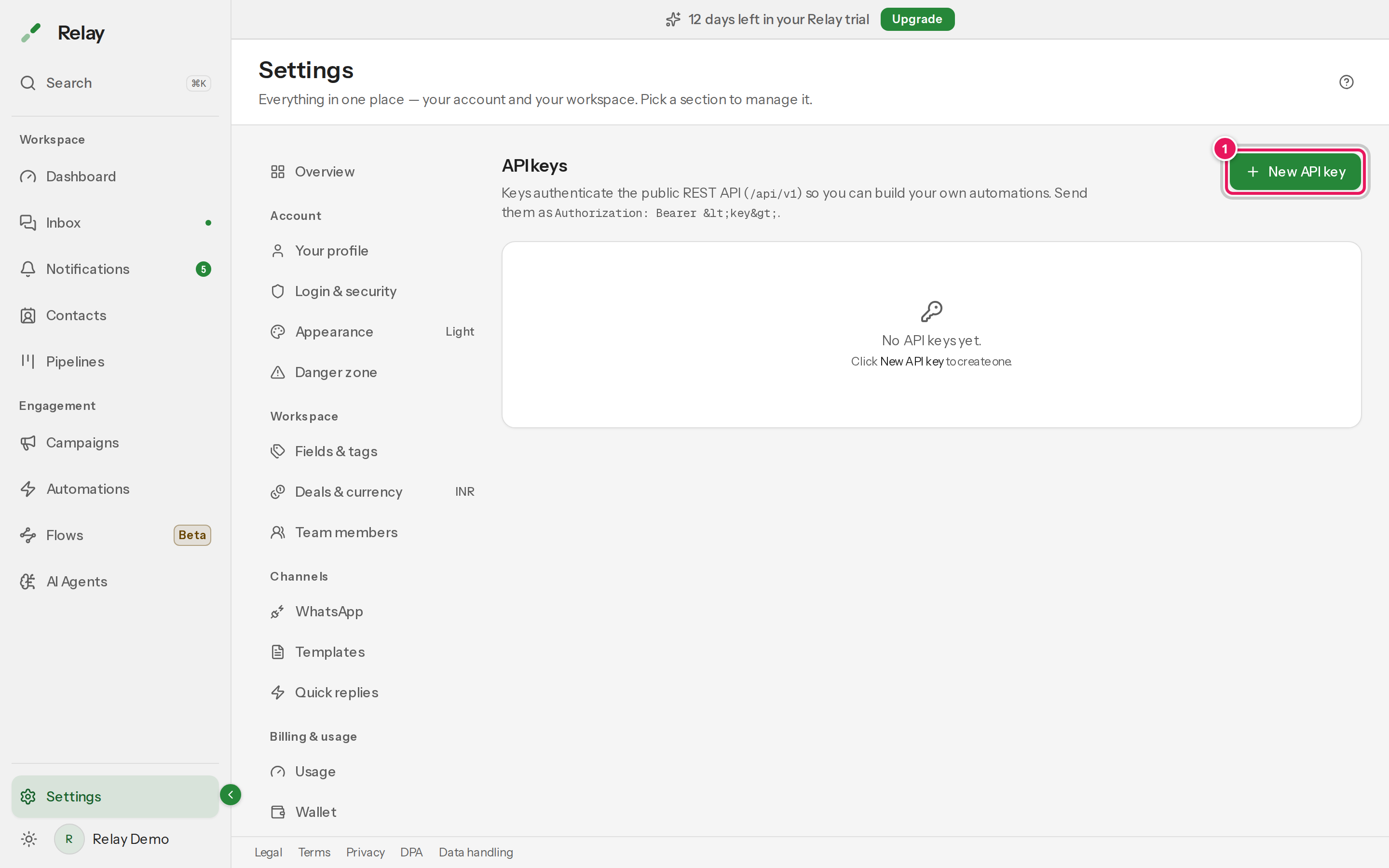 The API keys settings panel with a list of keys and their scopes