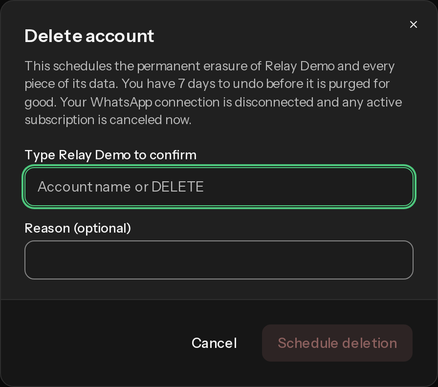 The Delete account dialog with a confirmation text field