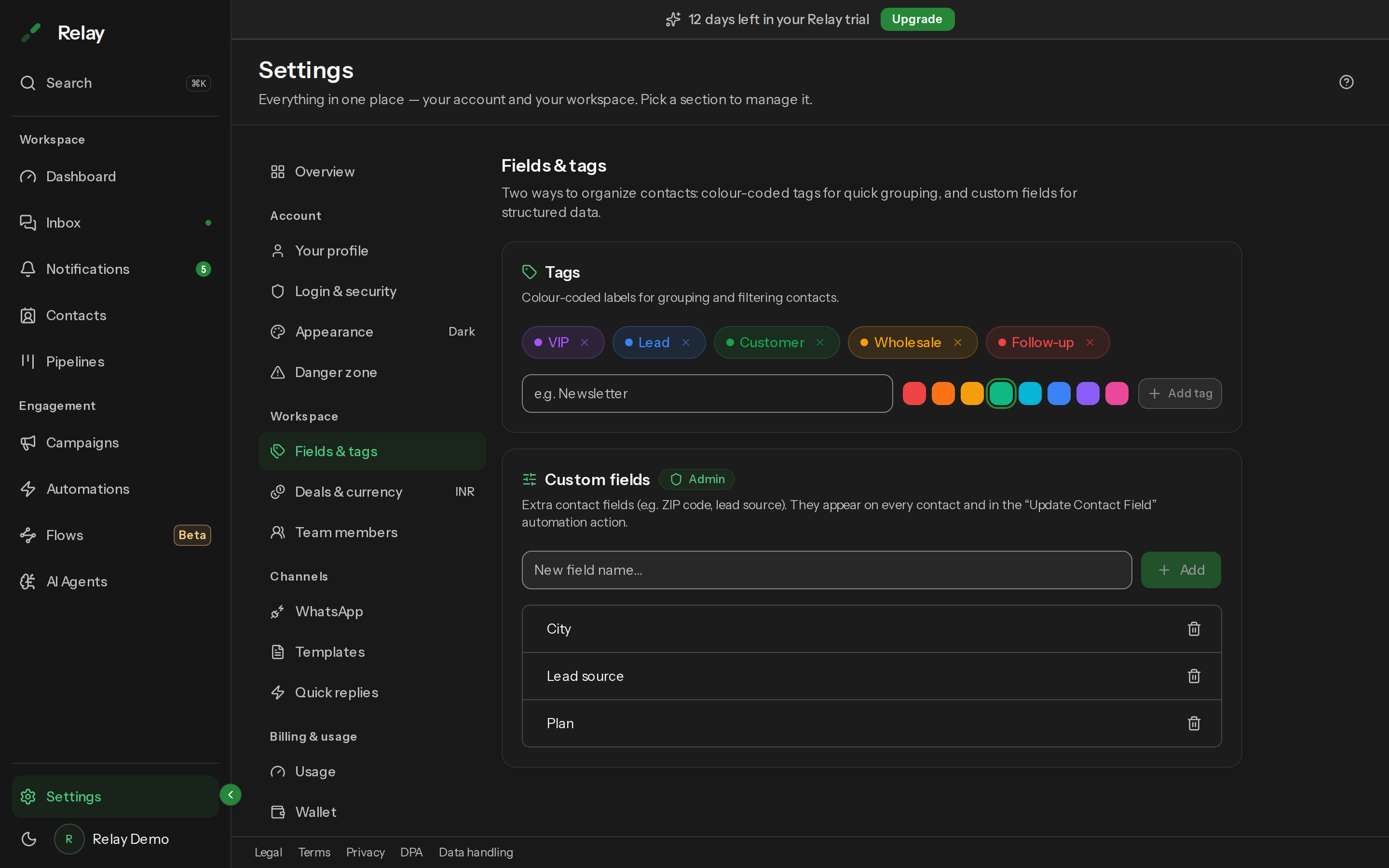 The Fields and tags settings panel showing the tags list and custom fields list