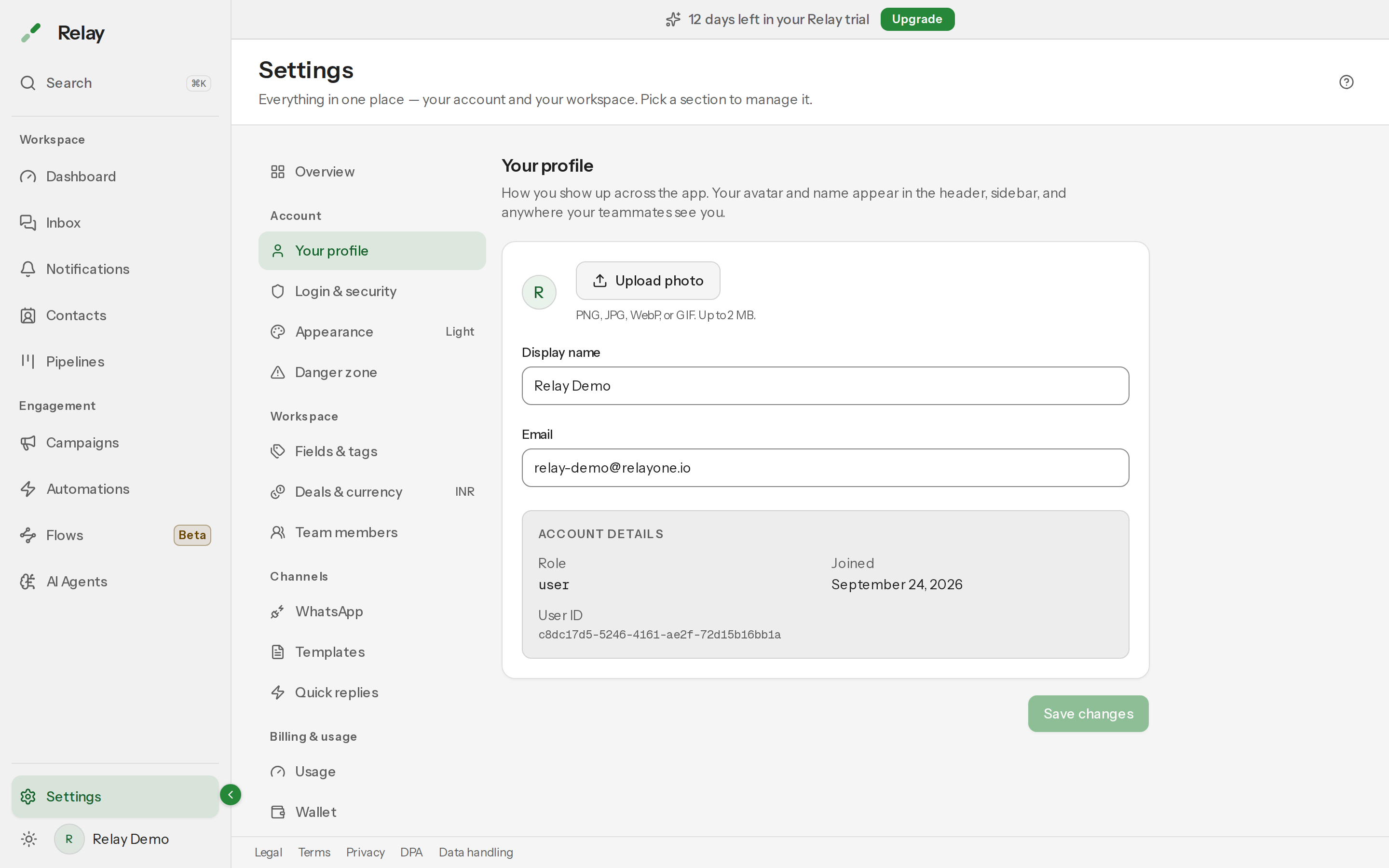 The Your profile panel with avatar, display name and email fields