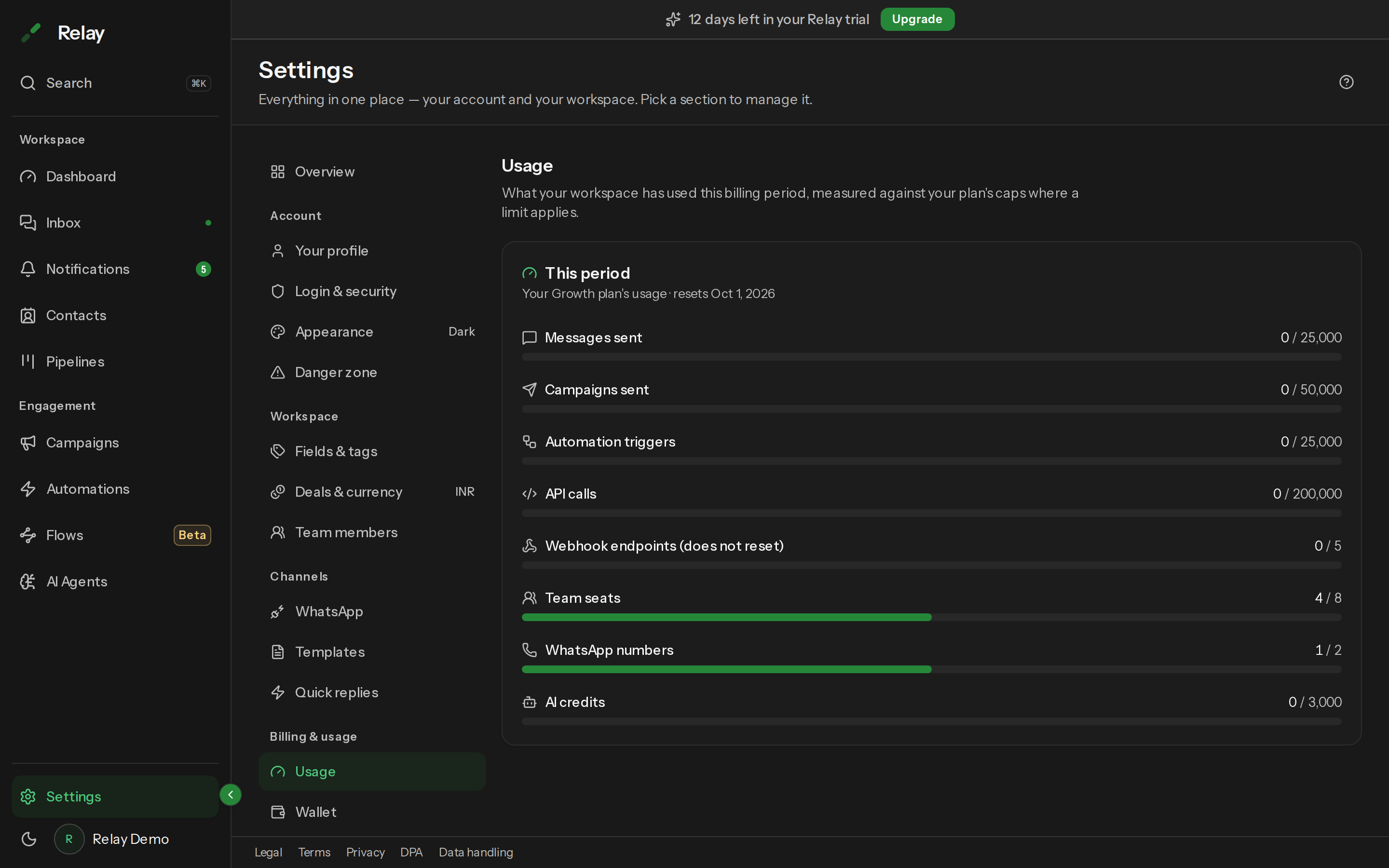 The Usage dashboard with progress bars for each metered dimension
