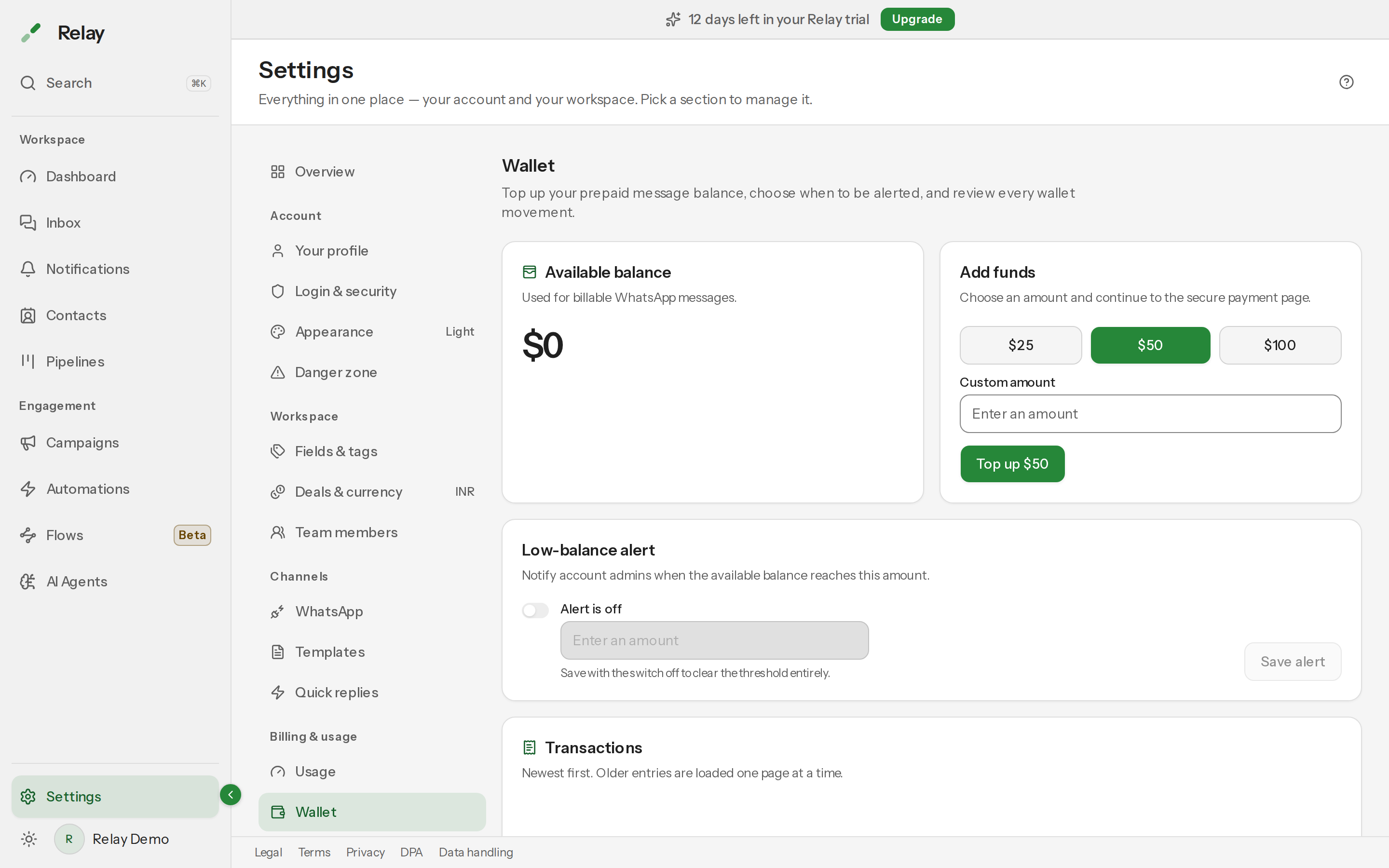 The Wallet panel with the available balance and recent transactions